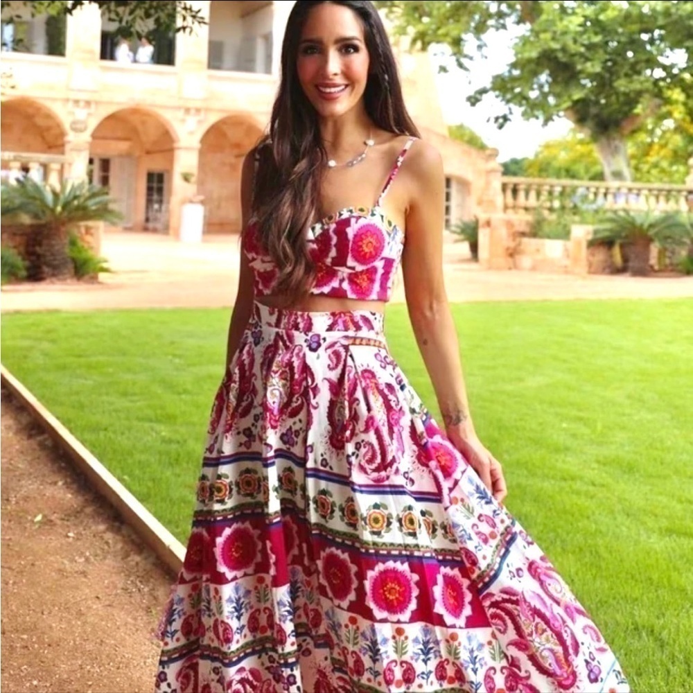 New CAROLINE CONSTAS Printed Linen Blend Bralette Crop Top and Midi Skirt Set